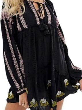 Free People Black Embroidered Boho Tunic Dress with Pink & Green Details